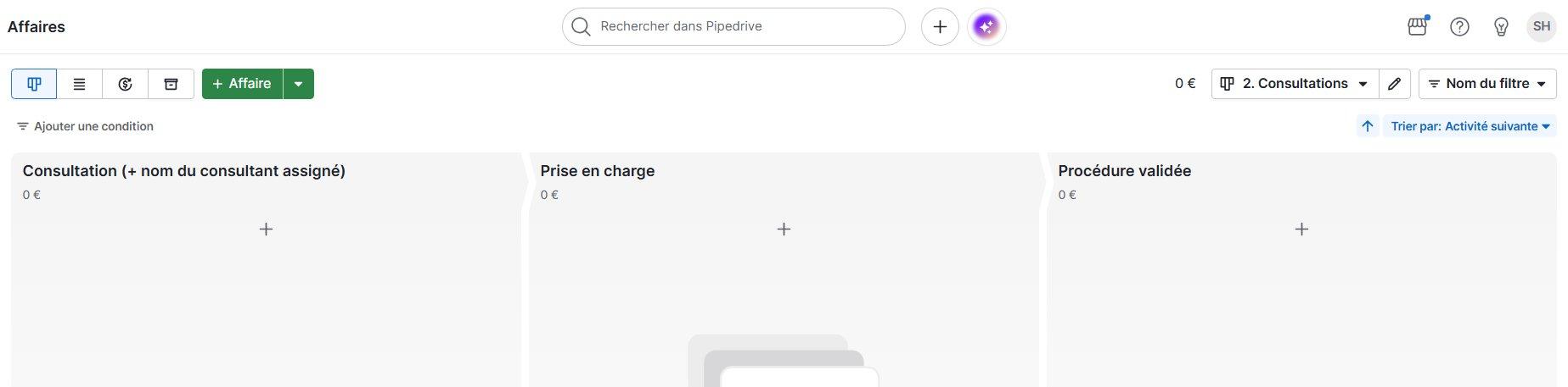 Pipeline Consultations Pipedrive pour le suivi des consultations payées